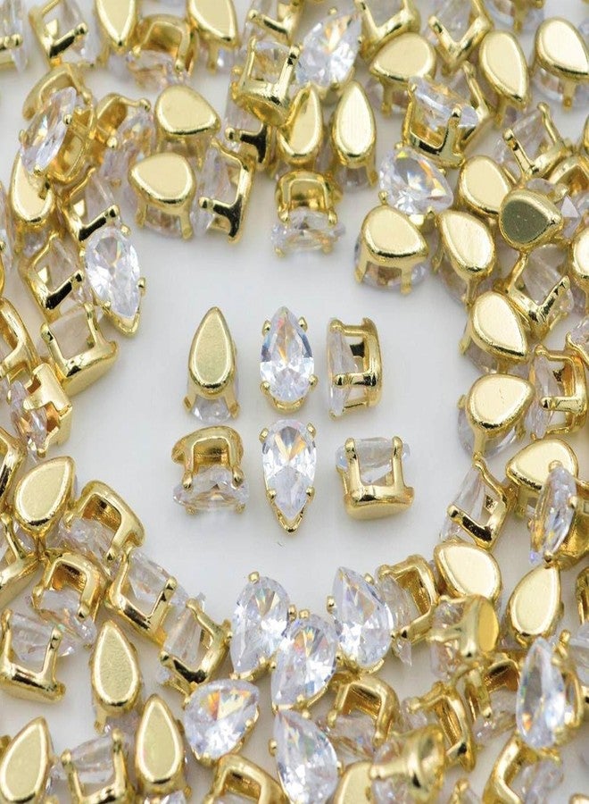 INDIKONB Sew On Rhinestones Kundan Stone Beads for Craft, Embroidery, Jewellery Making, Aari & Maggam Work | Stones for Dress & Bangle Decoration (Drop 5X7), Gold - Image 1
